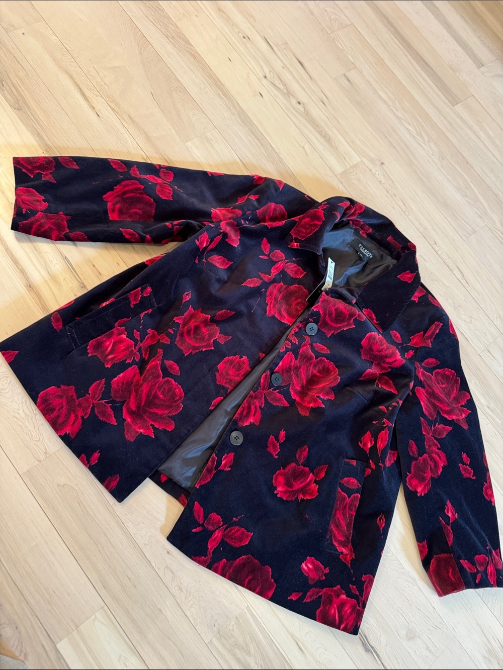 Talbots Black Red Floral Velvet Jacket Blazer Size 14 WP Roses-New